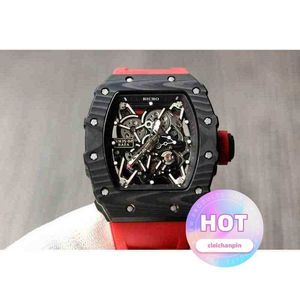 Titta på designer Luxury Mens Mechanics Mens Automatic Mechanical Carbon Fiber Black Red Rubber Limited Edition Hollow