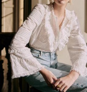 2024 Spring/Summer New Sezane NELESHIRT Designer Vintage Hollow Out Embroidered Shirt With Front Buckle Lace Lace Top White Flared Long Sleeved Shirt
