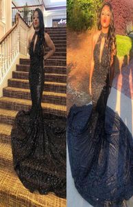 2019 Shinny Pailletten Mermaid Prom Abend Kleider sexy schwarzes Mädchen durch das formelle Partykleid Rückenlesses Festzugskleid Custom Made5598459