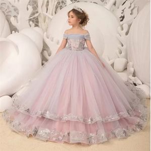 Elegance Off The Shoulder Fluffy Flower Girl Dresses For Wedding Appliqued Ruffles Toddler Pageant Dress Kids Birthday Ball 240326