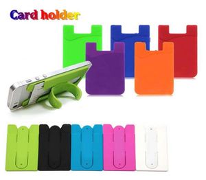 Universal soft silicone card slot cards pocket credit holder with 3M glue auto stander back cover portable card carrier for iphone5904106