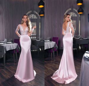 Cristallini 2024 Prom Dresses Illusion Jewel långärmad rygglös spets satin aftonklänningar svep tåg sjöjungfru special tillfälle klänning