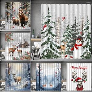 Shower Curtains Christmas Curtain Winter Snowman Farm Animals Red Bird Bear Moose Balls Forest Watercolour Bathroom Decoration