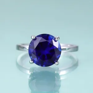 Küme Yüzük Gem'in Balesi Yuvarlak Laboratuvarı Mavi Safir Dört Prong Solitaire Nişan 925 STERLING Gümüş Taş Yüzük Hediyesi Onun için