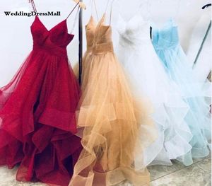 Sparkly Tulle Gold Prom Dresses 2023 Long Spaghetti Straps Ruched Ruffle Bourgogne Evening Formal Dress White Party Gowns9628681