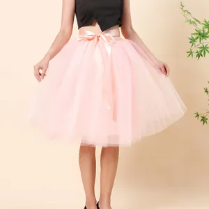 Kjolar skiktad knälängd tyll kjol elegant veckad tutu kvinnor vintage lolita petticoat med bow faldas mujer saia jupe