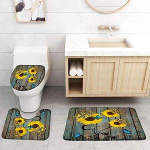 Bath Mats Sunflower Mat Set Blue Butterfly Vintage Wooden Board Yellow Flowers Home Carpet Bathroom Decor Non-Slip Rugs Toilet Cover