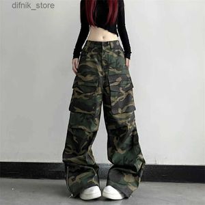 Kvinnors jeans trashy y2k 2000s multi fickor kamouflage baggy last jeans byxor för kvinnor kläder rak dam långa byxor pantn femme y240408