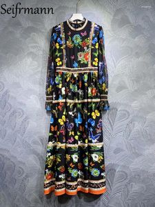 Casual Dresses Seifrmann Högkvalitativ sommarkvinnor Fashion Designer Holiday Dress Flare Sleeve Multicolor Ditsy Printed Crystal Long