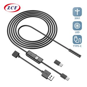 Lens Endoscope Camera 5.5mm 7mm Lens 3in1 Typec Micro Usb Industrial Pipe Inspection Borescope 6led Waterproof for Android Phones Pc