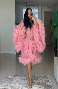 Pembe Lüks Ruffles Boudoir Elbise Tül Uzun Kollu Kadın Seksi Kimono Hamile Partiya Kadınlar Boynaz Gezgin Nightgown Robe2104663