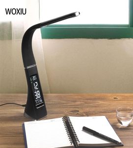 WOXIU 5W LED EYE Protection Table Lampsデザイナー使用時間カレンダーの温度7028423のレザーフォルディングテーブルランプアラームディスプレイSN