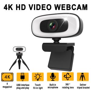 Webcams Mini 4K Webcam USB Computer 2K Webcam für PC -Laptops Live -Streaming Full HD 1080p Webkamera für die Arbeit mit Mikrofonstativ