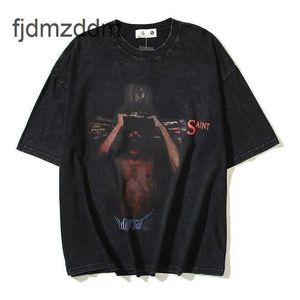 Mens Designer Short Sleeves Saint Trendy Brand on the High Street Is Accepting Washing Water of Qing Xing Portrait to Make Distressed Sleeved Tshirt for Both Men