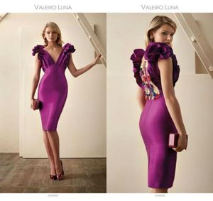 2020 Purple Mother Of The Bride Dresses V Neck 3D Floral Appliqued Beaded Wedding Guest Gown Ruffle Knee Length Satin Mother Gown2705774