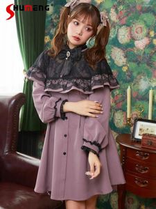 Casual Dresses Japanese Cute Girl Lolita Cape Midi Dress 2024 Fall Sweet Mine Mass-Produced Long Sleeve Lace Ruffle Shawl For Women