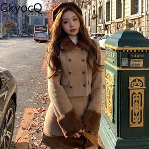 Work Dresses GkyocQ Korean Fashion Two-piece Skirt Sets Cashmere Plush Splicing Long And Short Suit Tweed Jacket High-waisted