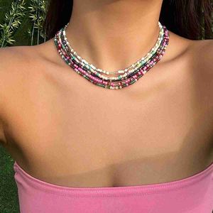 Naszyjniki wiszące salircon boho mieszany kolor akrylowy koralik koralika z koralikami krótki naszyjnik retro multi-warstwy ręcznie robiony łańcuch Choker Trendy damski biżuteria 240408