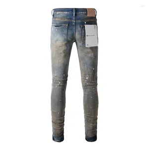 Frauenhose lila Marke Hochwertige Jeans 1: 1 2024 Hipster Mode Slim Yellow Paint Alte abgenutzte Löcher kleines Bein