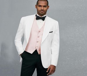 Посело белые свадебные костюмы для мужчин Blazer Wide Shal Late Late Groom Tuxedo выпускной носит 3 кусок куртка Черные брюки Розовый жилет вечер p5730921