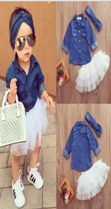 Baby Girl Denim Fashion Set Rouse Crianças Camisas de Manga Longa Topshorts Skirtbow Bandas de cabeça 3pcs roupas Kid Tracksuit7500419