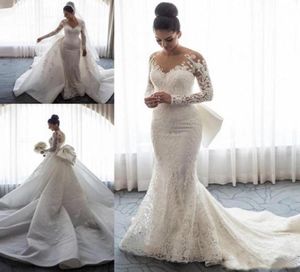 2019 Designer Long Sleeves Mermaid Wedding Dresses Sheer Neck Illusion Lace Applique Bow Overskirts Button Back Chapel Train Brida7123757