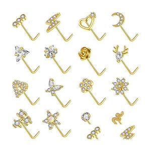 Ringos do nariz pregos L Shape Ring Gold Sier parafuso S Pin CZ Butterfly Heart Moon Flower Piercing Jóias para homens 230325 Drop dell Dh5wl