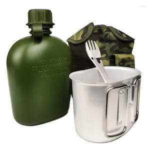 Vattenflaskor 1 L utomhusplast Militär Militär Canteen Bottle Camping Hike Backpacking Kettle Rostfritt stålsked Fork Aluminium Lunch Box