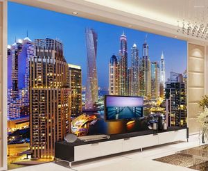 Sfondi Disegni murali 3d Bellissima vista notturna di Dubai soggiorno con sfondi da letto per lo sfondo
