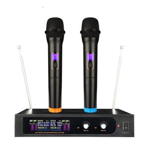 Microfones UHF Fast frekvens Karaoke Microphone Dual Channels Wireless Microphone System Handhållen Dynamisk mikrofon för Party Band Church Show