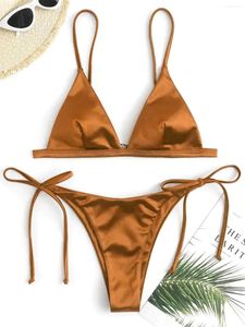 Frauen Badebekleidung 6 Farben Satin Hochbein geschnitten brasilianische Bikini Frauen weiblich Badeanzug Zweier Set Badeanzug Badeanzug Schwimmen K4964