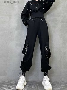 Women's Jeans ZOKI Harajuku Women Cargo Pants Fashion Chain Gothic BF Sweatpants Black Elastic High Waist Strtwear Female Hip Hop Trousers Y240408