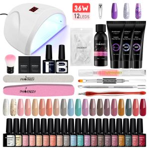 Kits Poly Nail Gel Set UV Builder Extension Kit Glitter Gel nagellack med 36W UV LED -lampa Soak Off Lack Nail Art Tools Kit