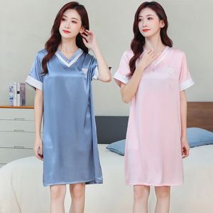 Summer Short Sleeve Sexy Vneck Silk Satin Nightgowns for Women Korean Cute Sleepwear Nightdress Night Dress Home Nighty 240408