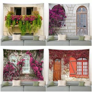 Tapestries Retro Flowers Wall Tapestry Street Purple Floral Plants Vintage Wooden Door Garden Hanging Living Room Dorm Courtyard Decor