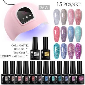 Sukienki UR Cukier 15pcs 9pcs brokatowy Poliska do paznokci Zestaw z zestawem do suszarki z lampą paznokci z żelem i płaszczem top gwóźdź Art Varish Manicure