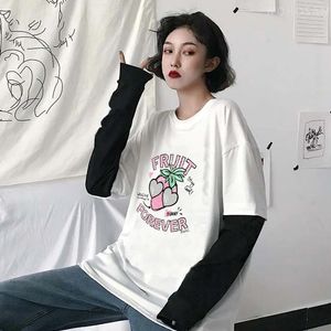 Women's T Shirts FRUIT FOREVER Strawberry Printed Tshirts Summer Boys Girls Sweet Couple Oversized Tee Shirt Long Sleeve Striped T-shirt