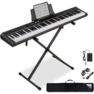 88 Piano digital elétrico para iniciantes com chaves semi -ponderadas, pedal de sustentação, suporte, estojo de transporte, fones de ouvido - perfeito para músicos aspirantes (preto)