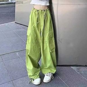 Women's Jeans Drawstring Baggy Cargo Pants Women Y2k Strtwear Pockets Middle Waist Parachute Pants Female Jogger Wide Leg Trousers Y240408