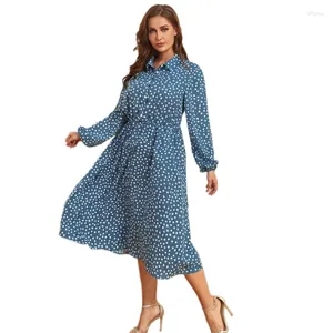 Casual Dresses Women Puff Long Sleeve Lapel -knappar Elastisk midja flödande blommig tryck MIDI -klänning