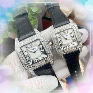 Couple Mens Womens Simple Dial Watches Automatic Date Quartz Movement Male Time Clock Red Blue Cow Leather Diamonds Ring President Bracelet Square Roman Tank Watch