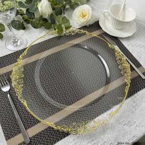 Tischmatten klarer Ladeplatte mit goldenen Perlen Rand Acryl Plastik dekoratives Abendessen für Hochzeits Weihnachtsfeier Dekor 100pcs