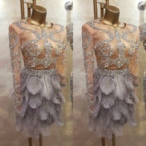 Sukienki świetne gatsby pióra 2020 sukienki koktajlowe z długim rękawem koraliki krótkie bal maturalne suknie wieczorowe