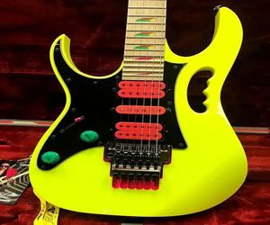 Vänsterhänt Steve Vai Jem 777 Yellow Electric Guitar 30 -årsjubileum Limited Edition Last 4 FRETS SCALLOPED Pink Tremolo Cavity G5933120