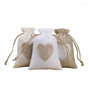 Gift Wrap 5/10 Pcs/Lot Heart Adhesive Drawstring Bags Christmas Party Favors Sacks Wedding Jute Burlap Pouches 8x10/10x14/13x18cm