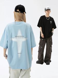 Han Lu Mens bär American High Street Short Sleeved T-shirt samma stil Män och kvinnor Summer Par Lose Cotton Trendy Brand 240328