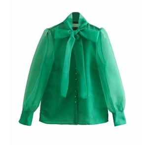 High Street Bow Collar Transparent Organza Green Smock Shirt Blauses Women Long Sleeve Buttons Blusas Chemise Tops LS3233 Q1905202734249