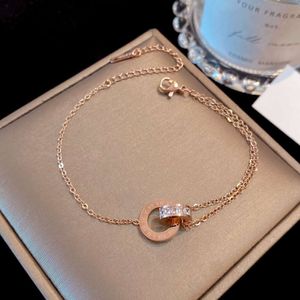 Titanium Steel Japanese and Korean Style Zircon Rose Gold Roman Digital Double Ring Instagram Personalized Bracelet Handpiece