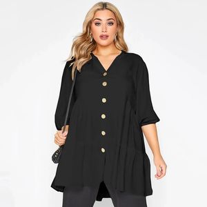 Plus -Größe Button Down Elegante Feder Herbst -Tunika -Tops Frauen 34 Ärmeln VNECK SMOCK BLUSE Schwarz Lose Tiered T -Shirt 6xl 240403