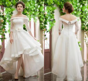 Dresses Vintage Style High Low Wedding Dresses 2019 Off Shoulder Half Sleeve Flower Belt Lace Organza Short Frong Long Back Bridal Gowns C
